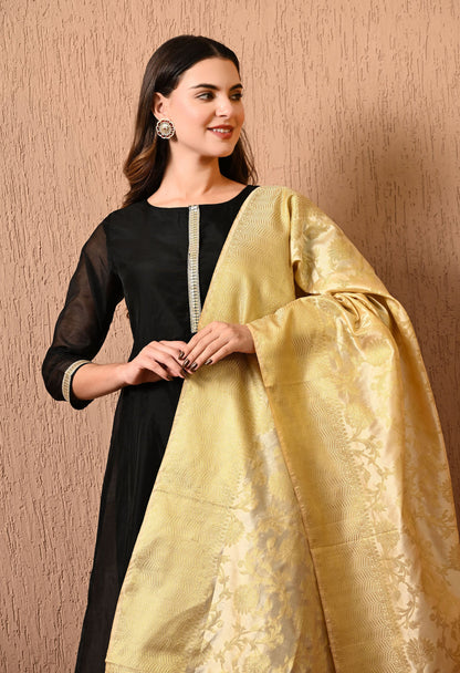 Cream Gold Silk Banarasi Dupatta