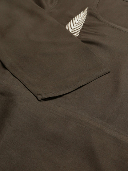 Grey Rayon Embroidered Flared Dress