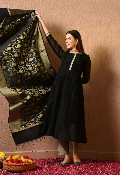 Black Chanderi Kurta Pant Dupatta Set