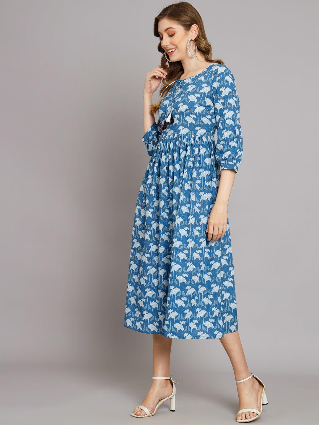 Women Blue Parrot Print Flared Cotton Pocket Dress - JAIPURHUTZ