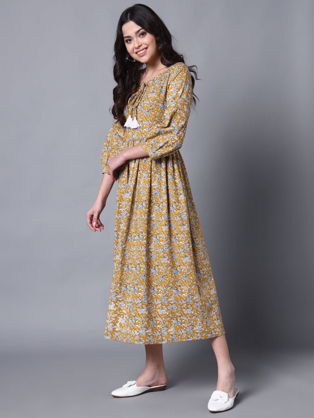 Mustard & White Printed Cotton Blend Cuffed Sleeve Dress