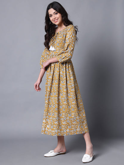Mustard & White Printed Cotton Blend Cuffed Sleeve Dress