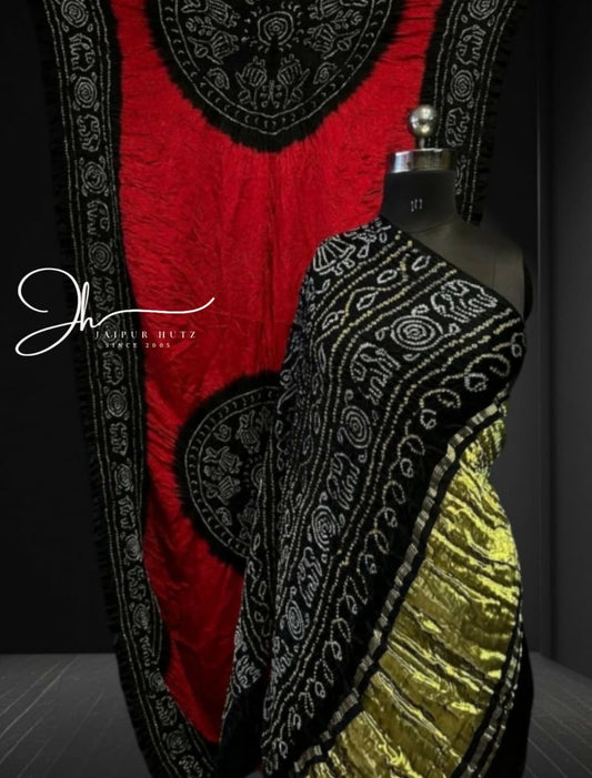 Midnight Black & Red Rasmandal Design Bandhej Saree in Gajji Silk Fabric