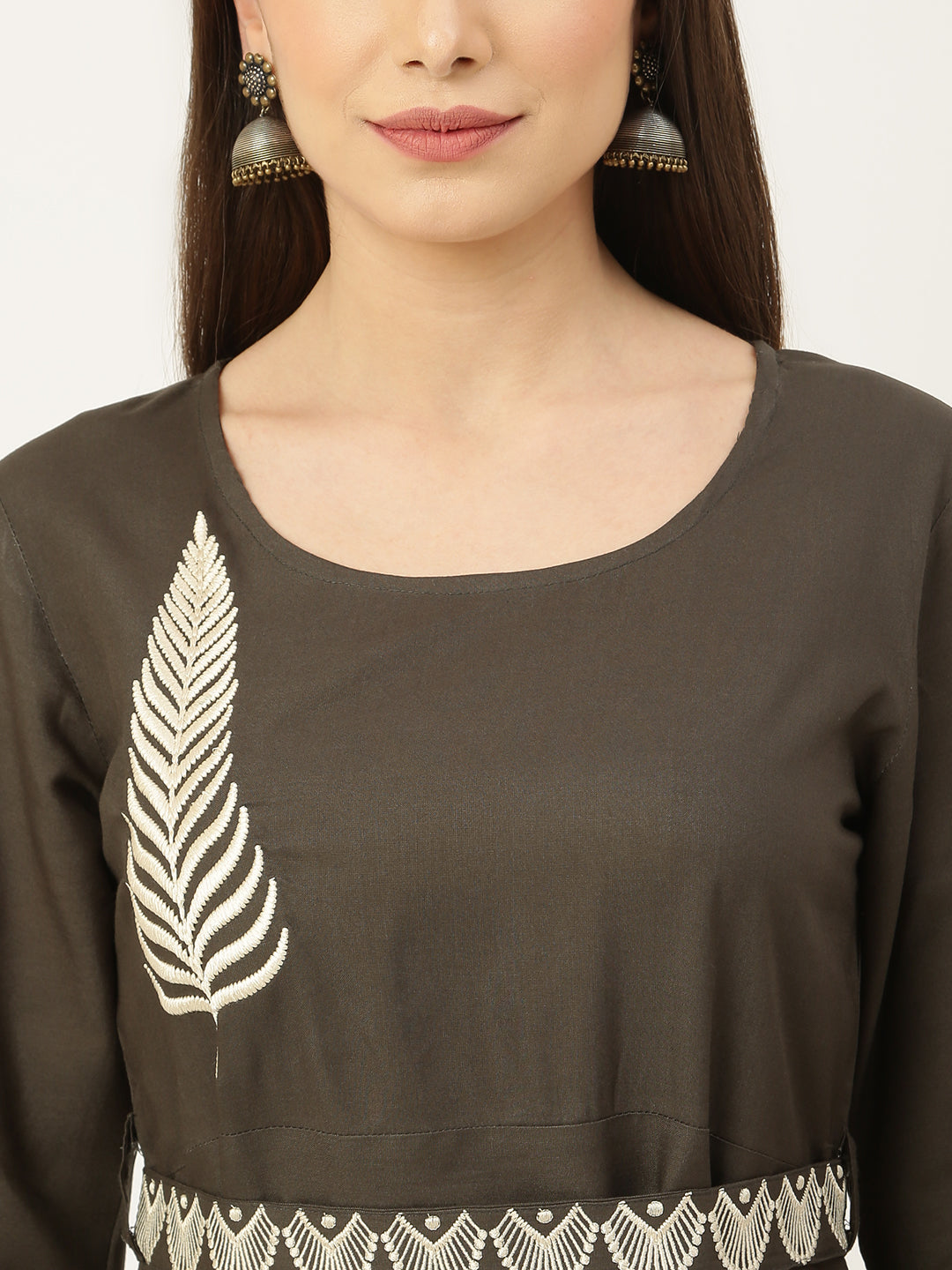 Grey Rayon Embroidered Flared Dress