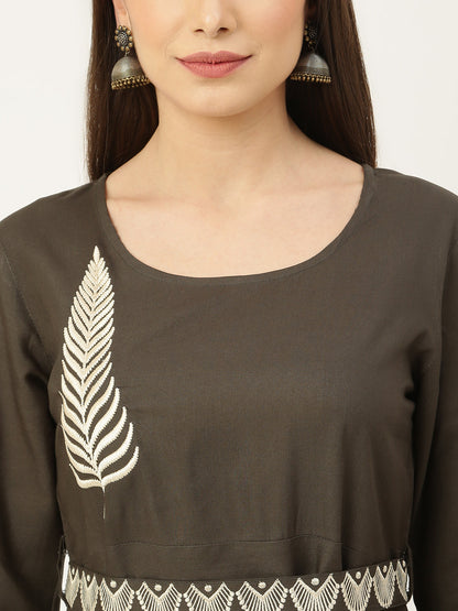 Grey Rayon Embroidered Flared Dress