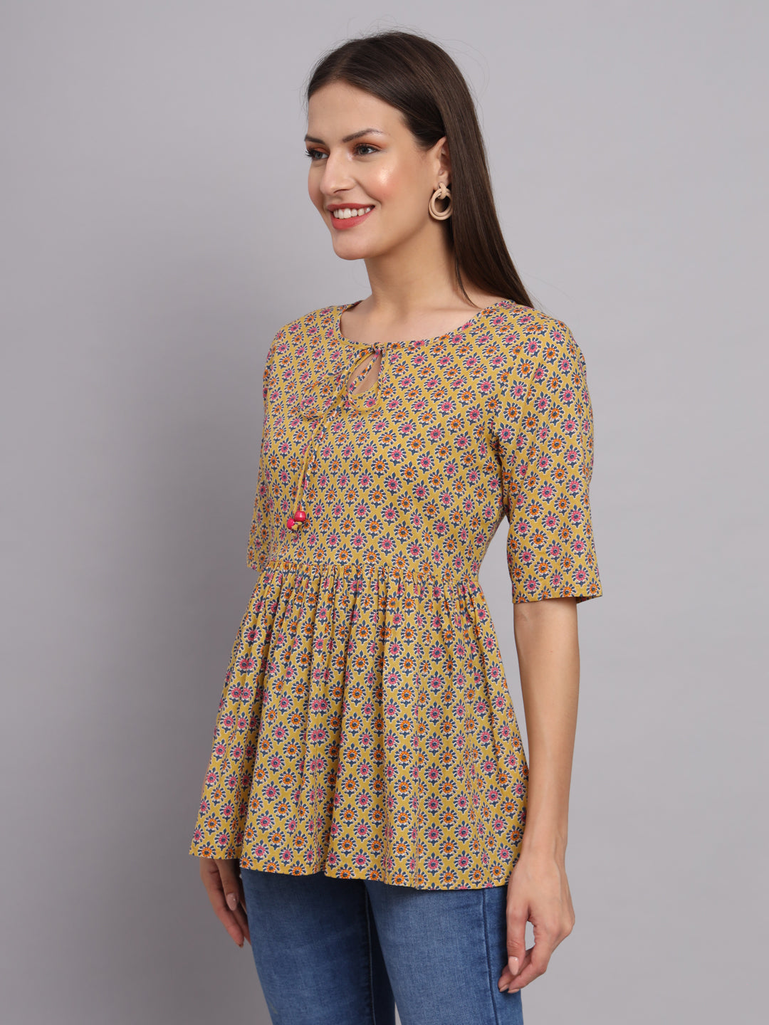 Women Printed Cotton Keyhole Neck Top