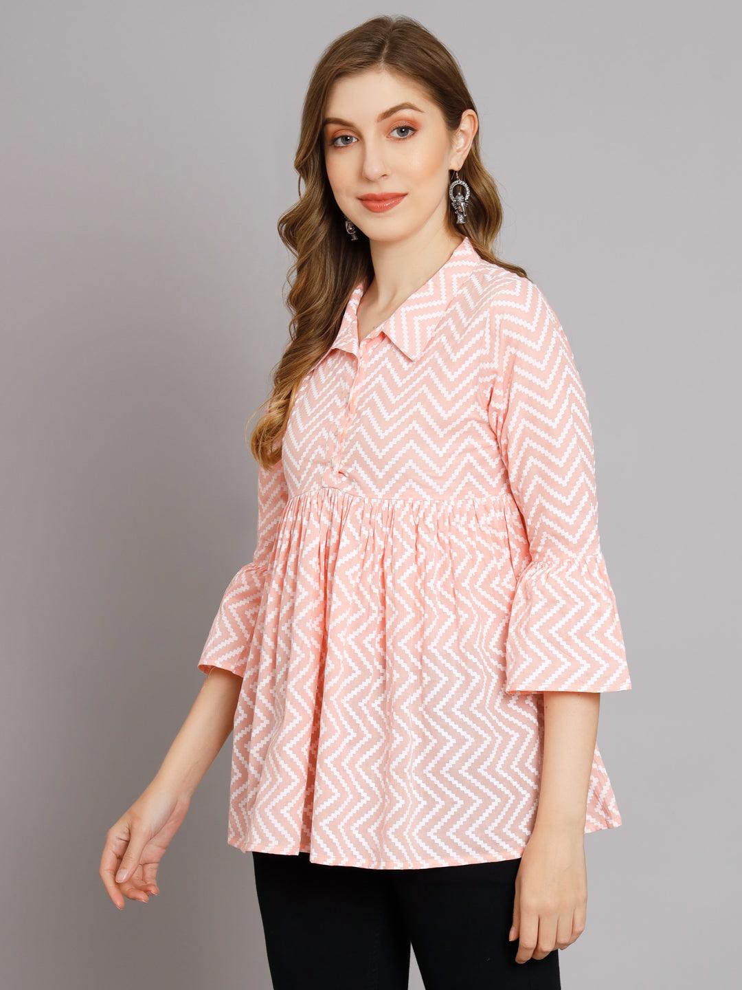 Blush Pink Chevron Print Cotton Top - JAIPURHUTZ