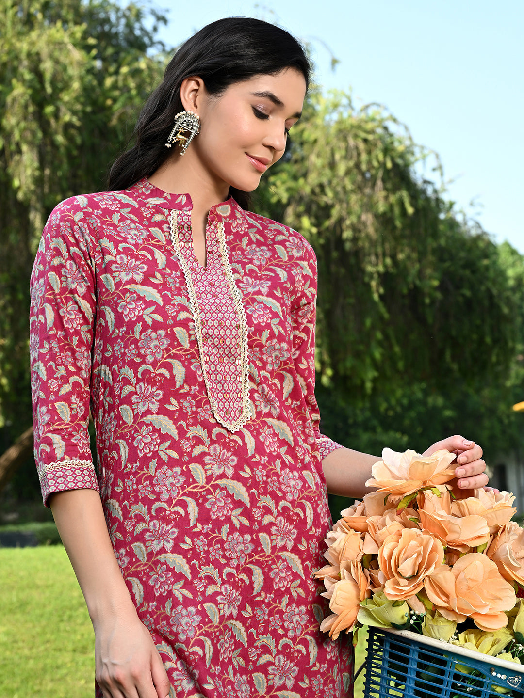 Magenta Handwork Straight Kurta Pant Set