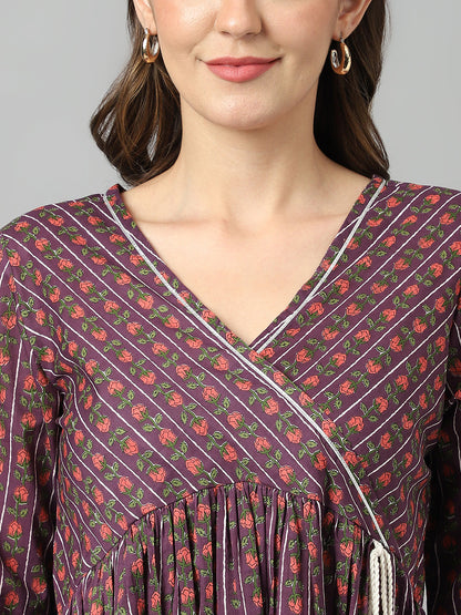 Purple Cotton Angrakha Style Pocket Dress
