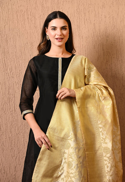Cream Gold Silk Banarasi Dupatta