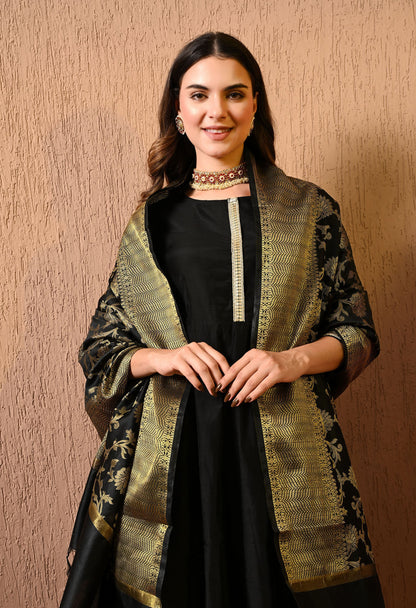 Black Chanderi Kurta Pant Dupatta Set