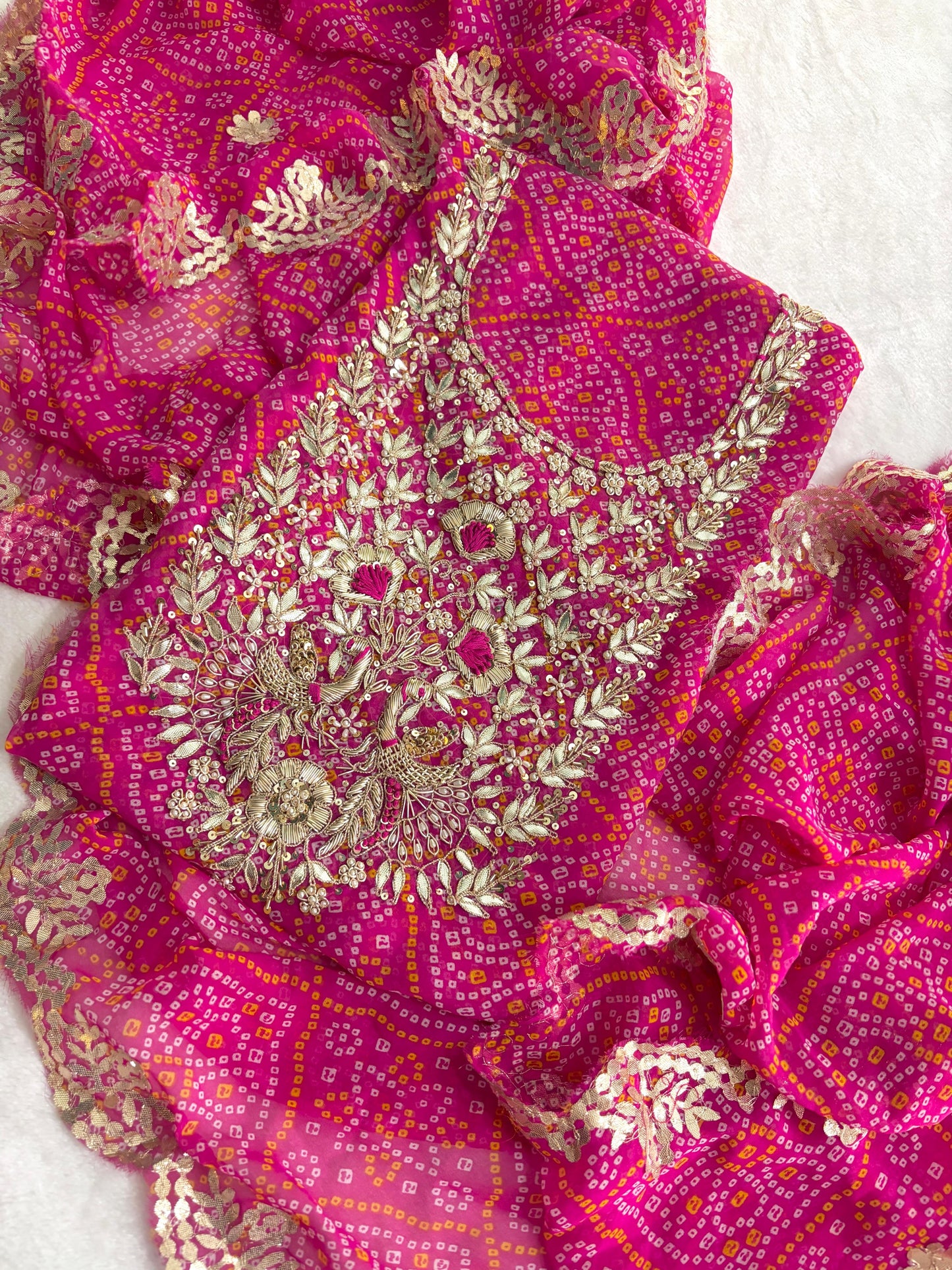 Beautiful Zardosi Work 60 Gram Georgette Suit in Bandhej Print