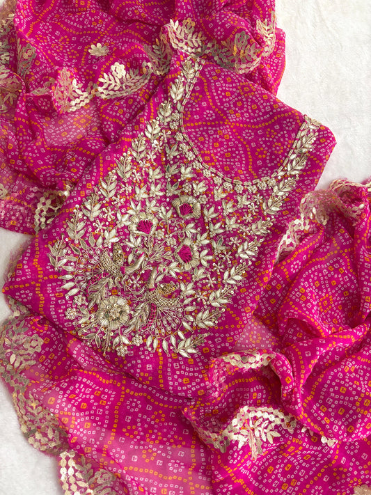 Beautiful Zardosi Work 60 Gram Georgette Suit in Bandhej Print