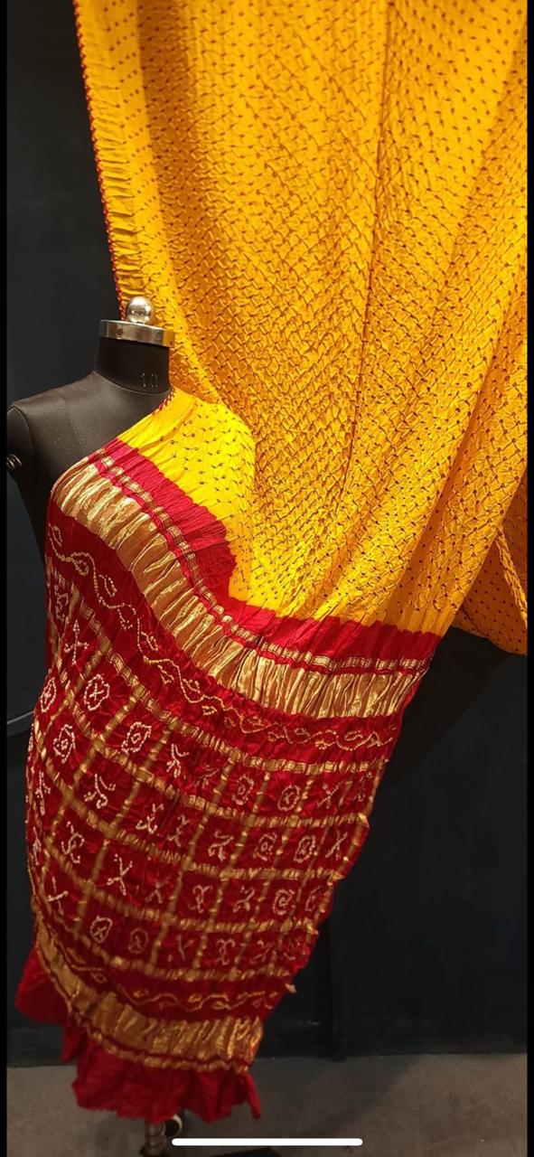 Indian Festive Color Traditional Yellow with Red, A JaipurHutz Pure Gajji Silk Saree