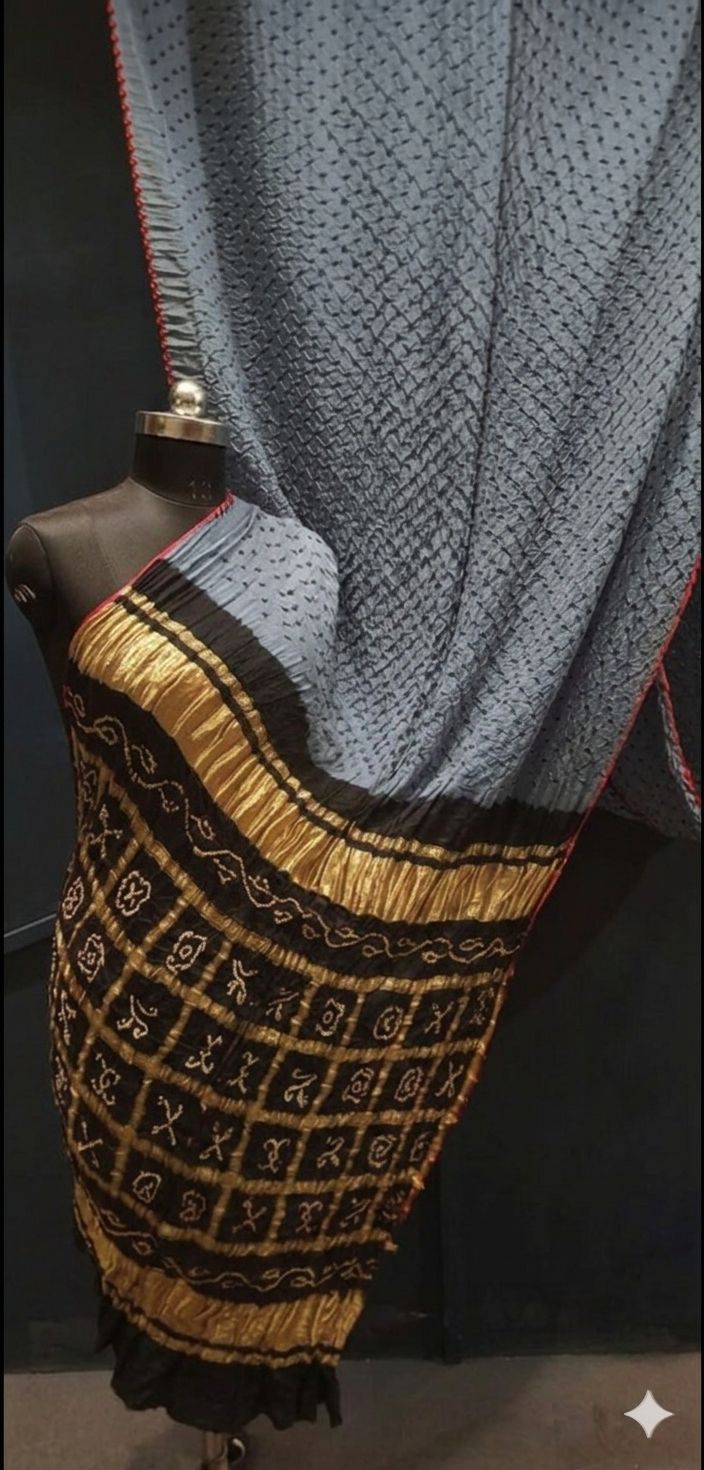Traditional Steel Grey with Black, A JaipurHutz Pure Gajji Silk Saree