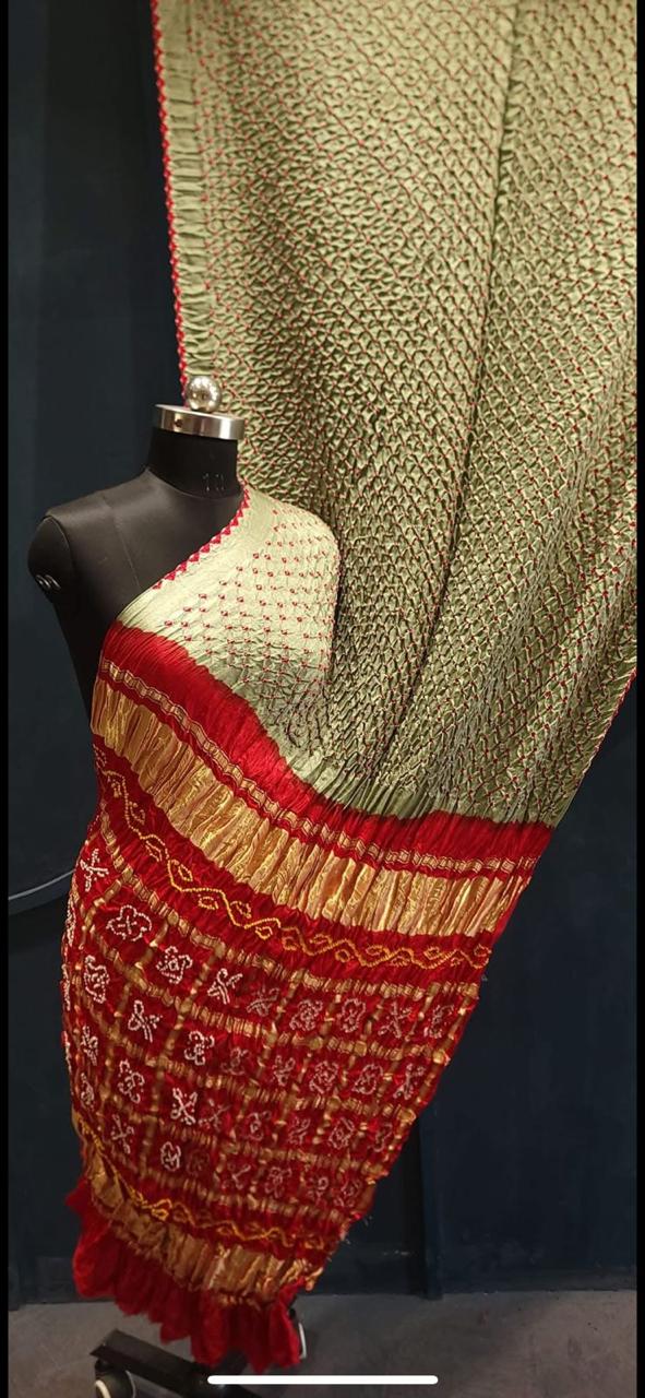 Traditional Mehandi Green with Red, A JaipurHutz Pure Gajji Silk Saree