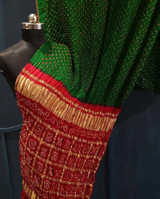 Gajji Silk Saree in Forest Green with Red, A JaipurHutz Pure Gajji Silk Product