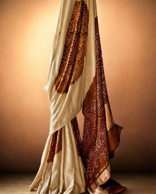 Elegant Beige and Chocolate Brown Pure Gajji Silk Bandhani Saree