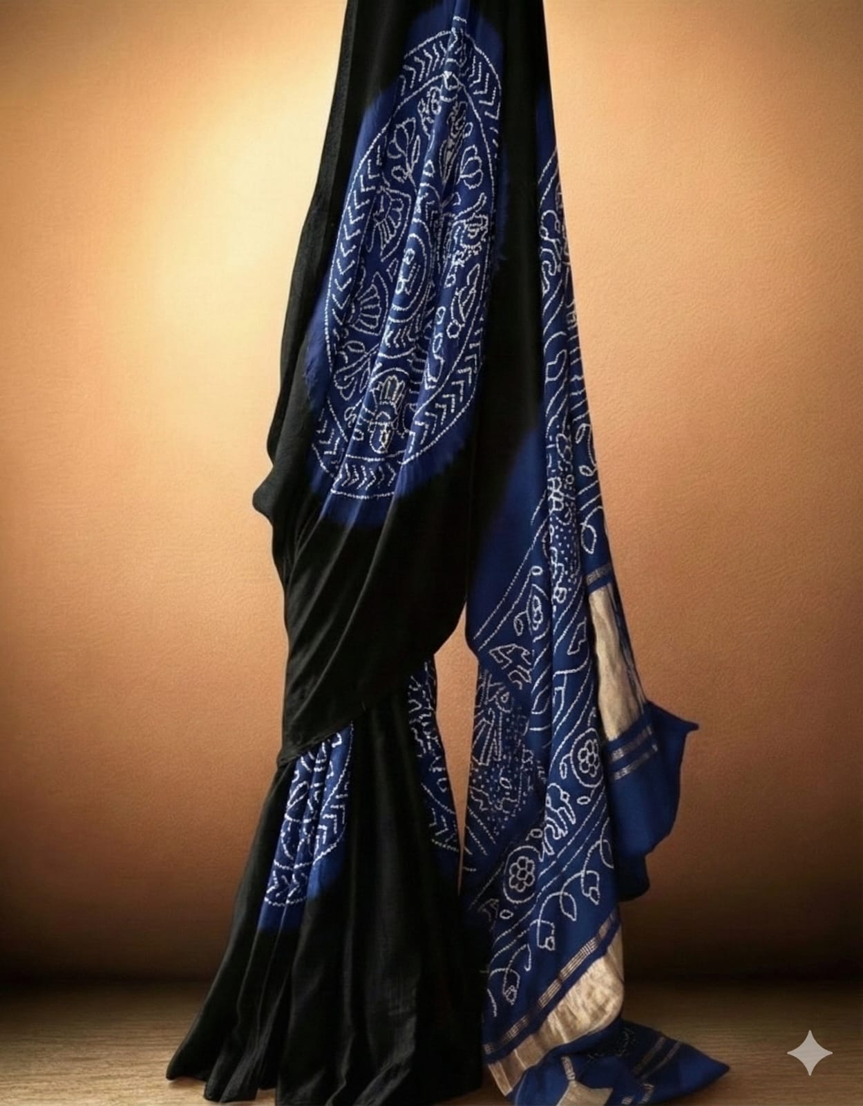 Midnight Black and Royal Blue Pure Gajji Silk Bandhani Saree