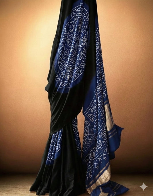 Midnight Black and Royal Blue Pure Gajji Silk Bandhani Saree