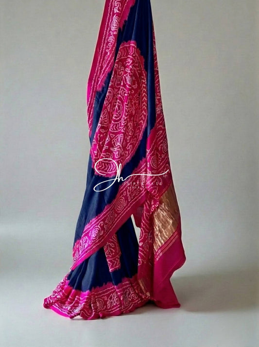 Royal Heritage: Navy & Rani Pink Gajji Silk Bandhani Saree with Rasmandal Border