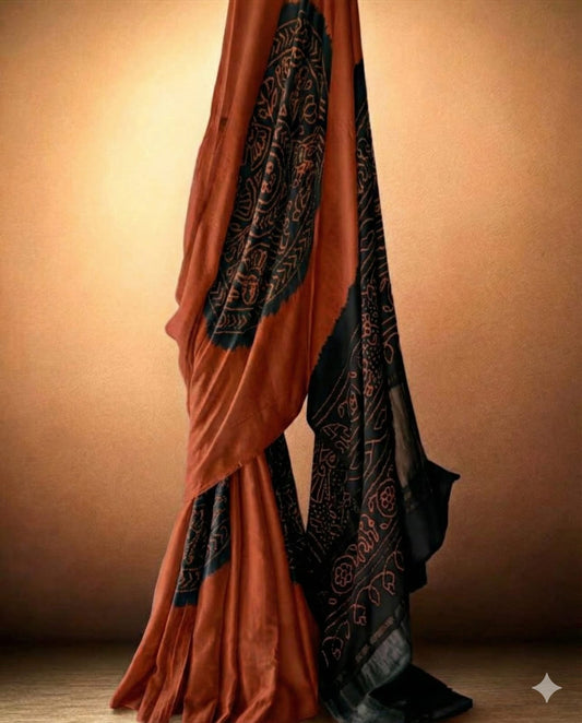 Elegant Rust Orange and Black Pure Gajji Silk Bandhani Saree