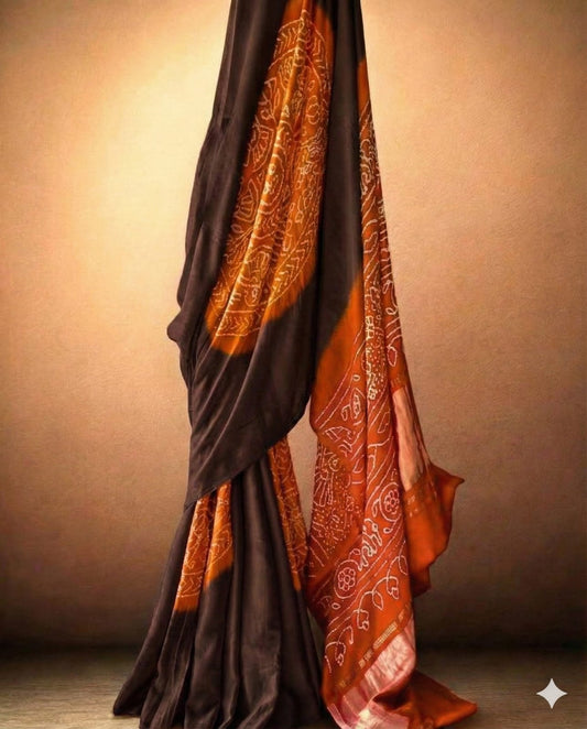 Earthy Elegance: Dark Brown and Rust Orange Pure Gajji Silk Bandhani Saree