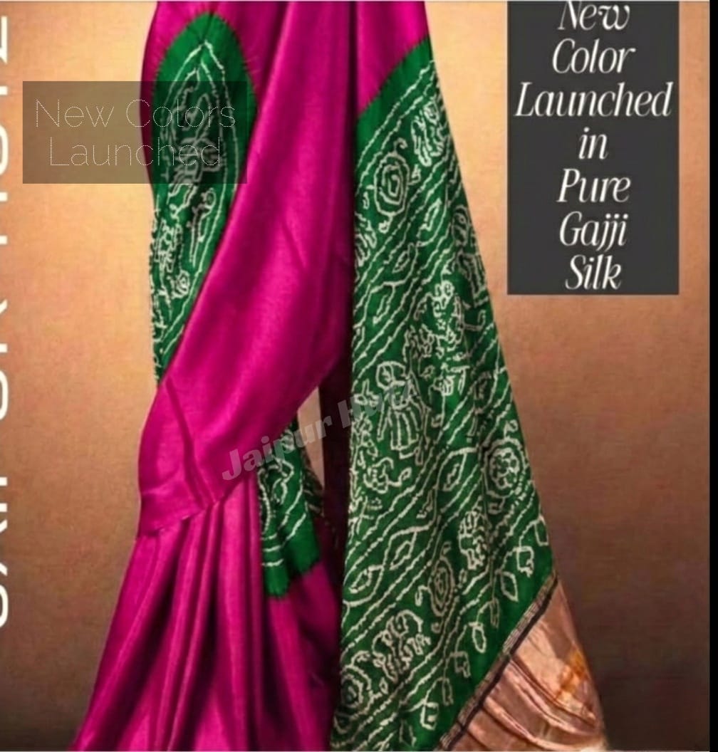 Radiant RaniPink & Bottle Green Pure Gajji Silk Hand-Dotted Bandhej Saree