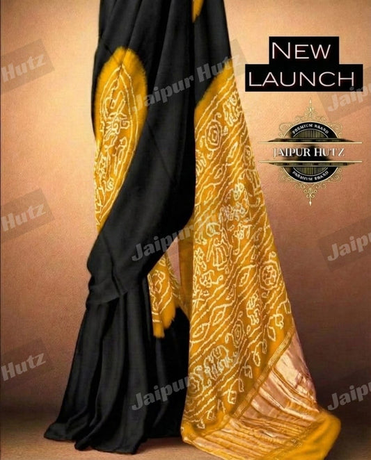 Exquisite Gajji Silk Hand-Draped Bandhej Saree in Midnight Black & Mustard
