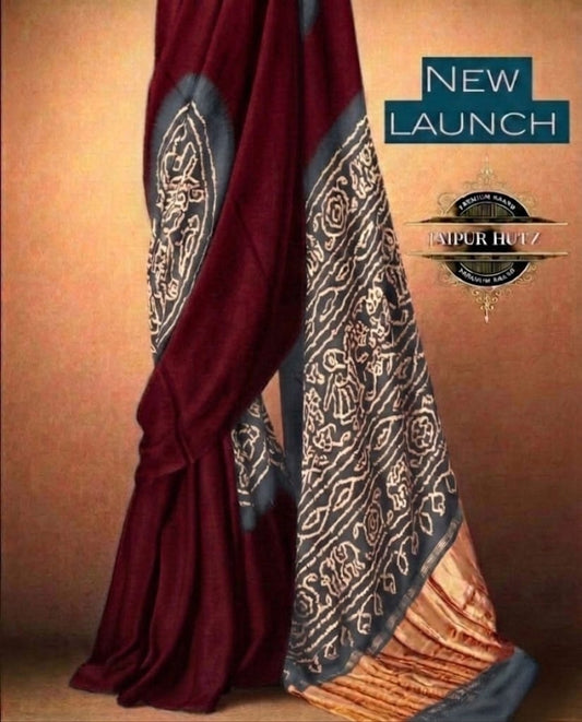 Deep Maroon & Slate Grey Gajji Silk Saree with Hand-Block Ajrakh & Raasmandal Art