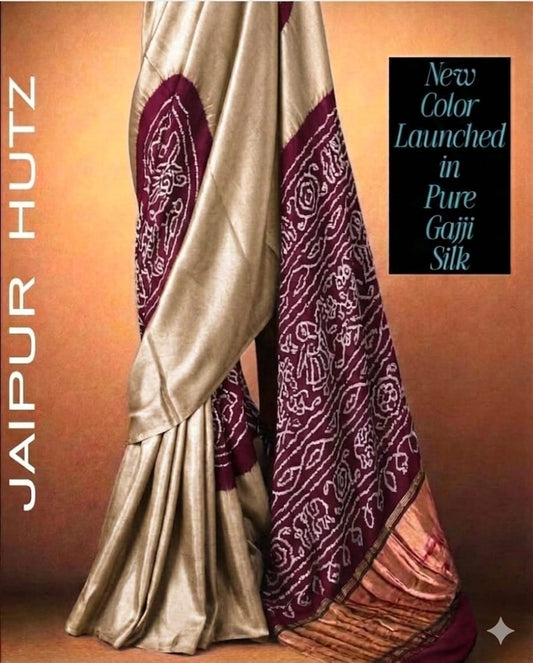 Golden Beige & Wine Pure Gajji Silk Hand-Dotted Rai Bandhej Saree