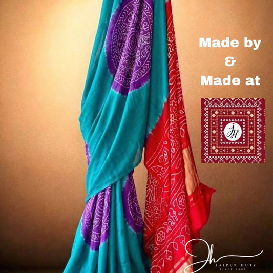 Signature Teal, Purple, and Red Pure Gajji Silk Bandhani Saree