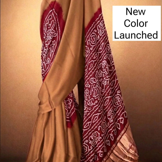 Camel Brown & Maroon Pure Gajji Silk Bandhani Saree | Jaipur Hutz