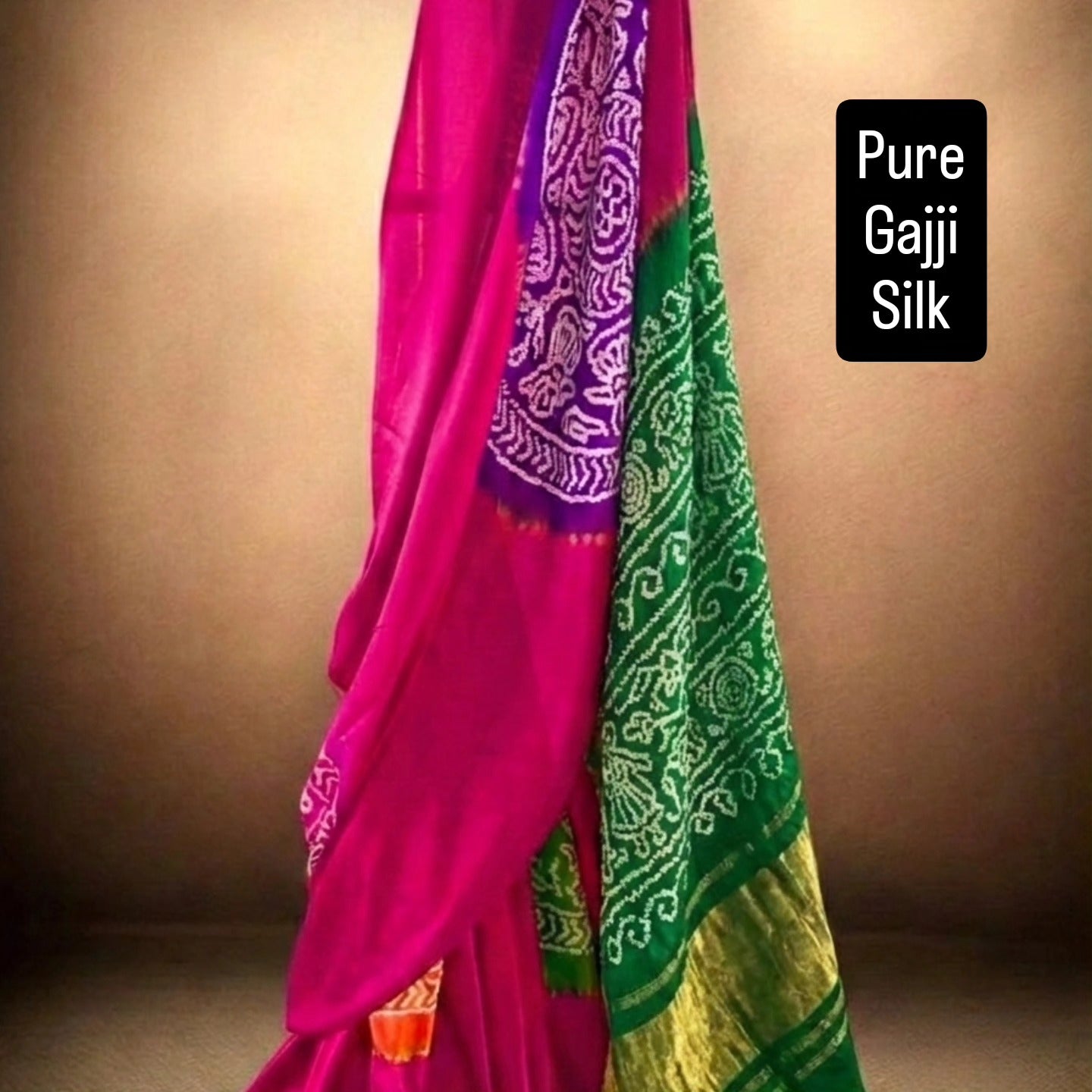 Exquisite Multi-Hued Pure Gajji Silk Bandhani Saree in Rani Pink and Green