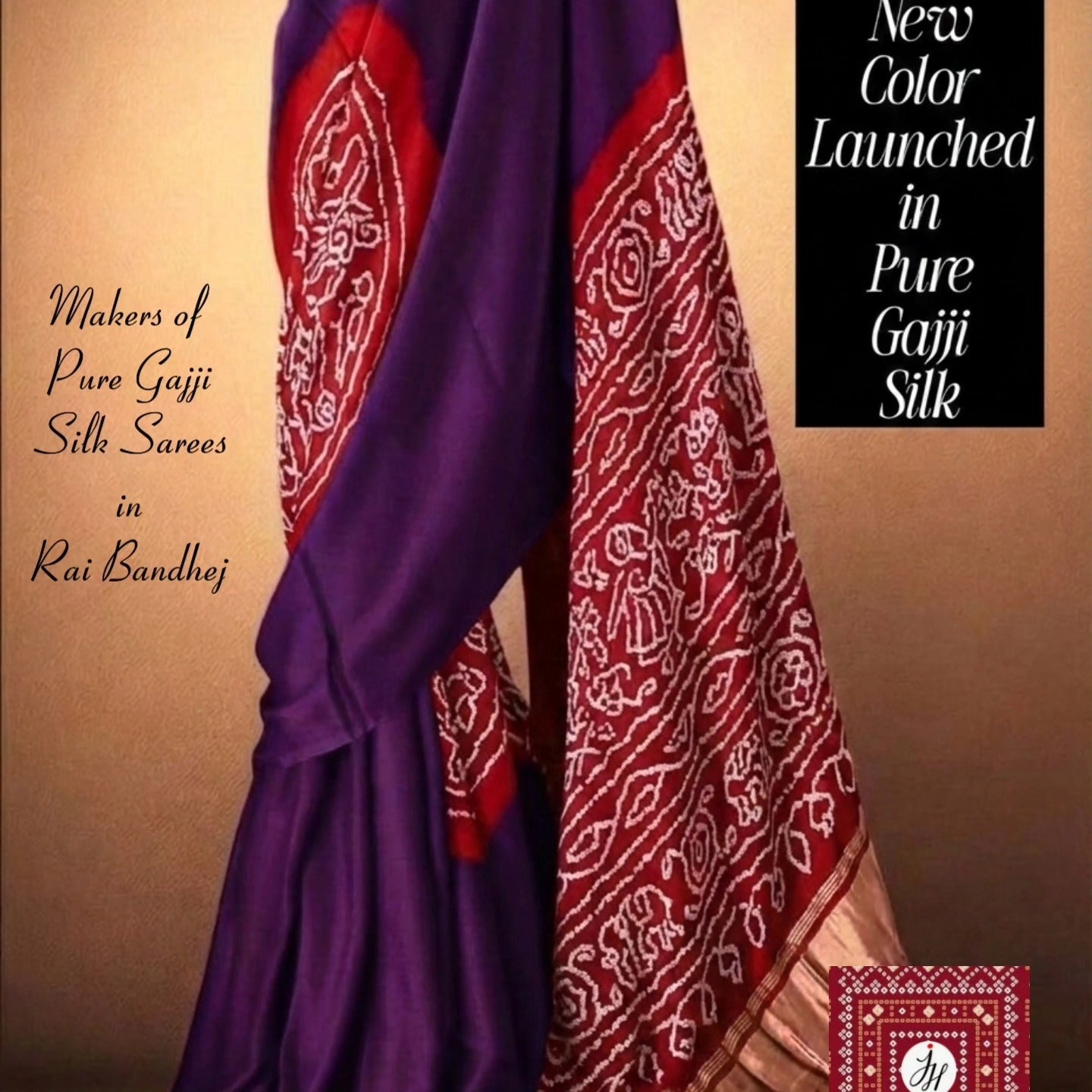 Regal Dual-Tone Pure Gajji Silk Rai Bandhej Saree – Deep Purple & Crimson Red