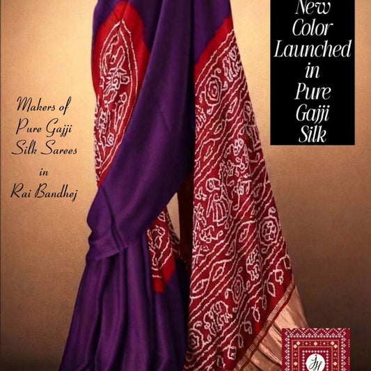 Regal Dual-Tone Pure Gajji Silk Rai Bandhej Saree – Deep Purple & Crimson Red