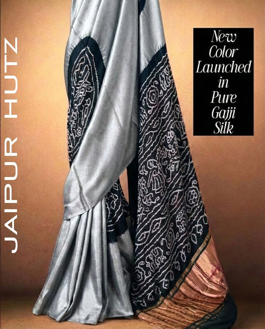 Elegant Silver & Black Pure Gajji Silk Saree with Intricate Motifs | Jaipur Hutz