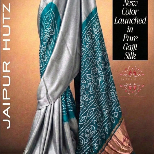 Exquisite Silver & Teal Pure Gajji Silk Saree with Bandhani Details