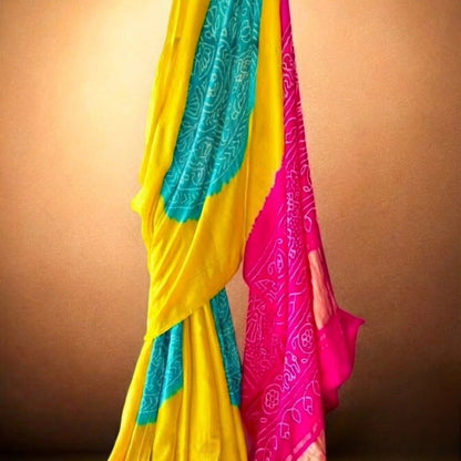 Vibrant Tri-Color Gajji Silk Saree in Yellow, Pink & Teal with Traditional Motifs