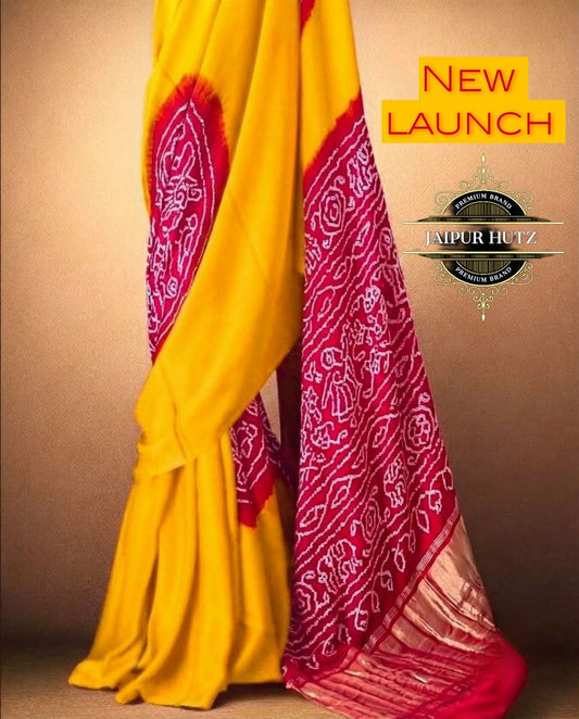 Radiant Yellow and Crimson Red Pure Gajji Silk Bandhani Saree