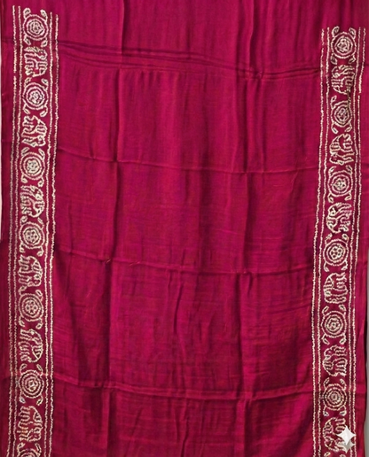 Pastel Lime Green and Magenta Pure Gajji Silk Bandhani Saree