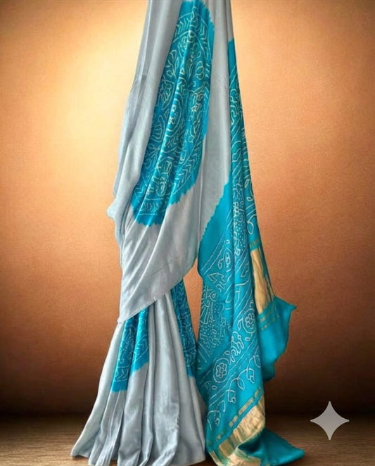 Vibrant Teal & Silver Grey Gajji Silk Saree with Lagadi Patta from JaipurHutz