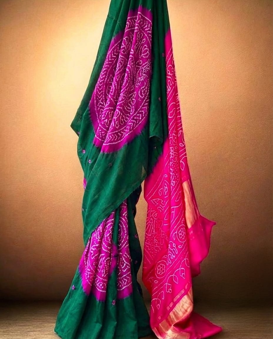 Luxurious Green and Magenta Pure Gajji Silk Bandhani Saree