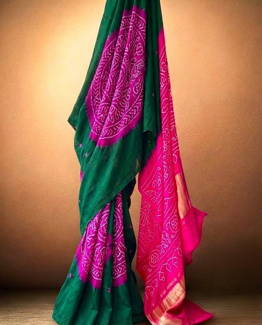 Luxurious Green and Magenta Pure Gajji Silk Bandhani Saree