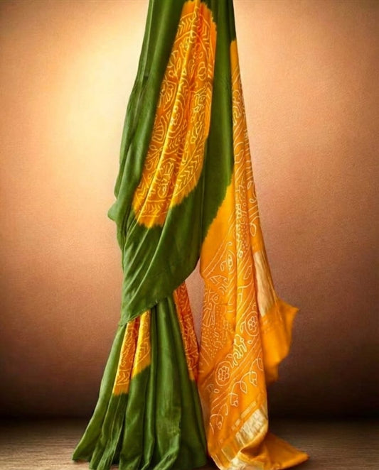 Exquisite Mustard & Forest Green Pure Gajji Silk Saree