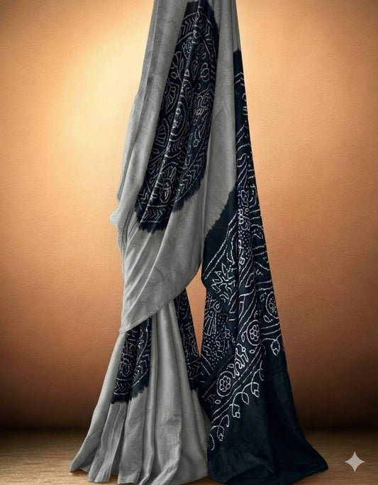Sophisticated Silver-Grey and Charcoal Black Pure Gajji Silk Bandhani Saree