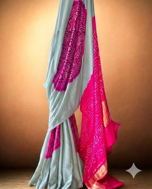 Elegant Silver-Grey and Magenta Pure Gajji Silk Bandhani Saree