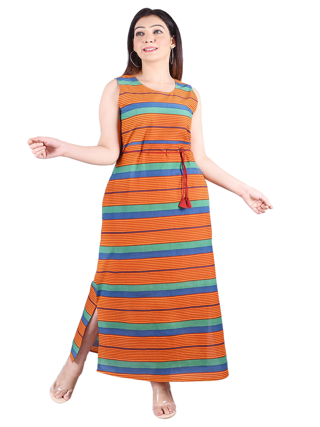Cotton Block Printed Orange Round Neck Women'S Maxi Dress
