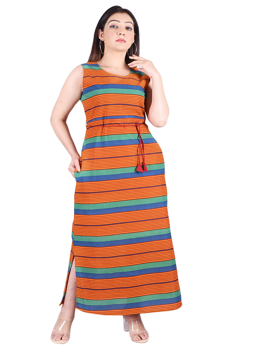 Cotton Block Printed Orange Round Neck Women'S Maxi Dress