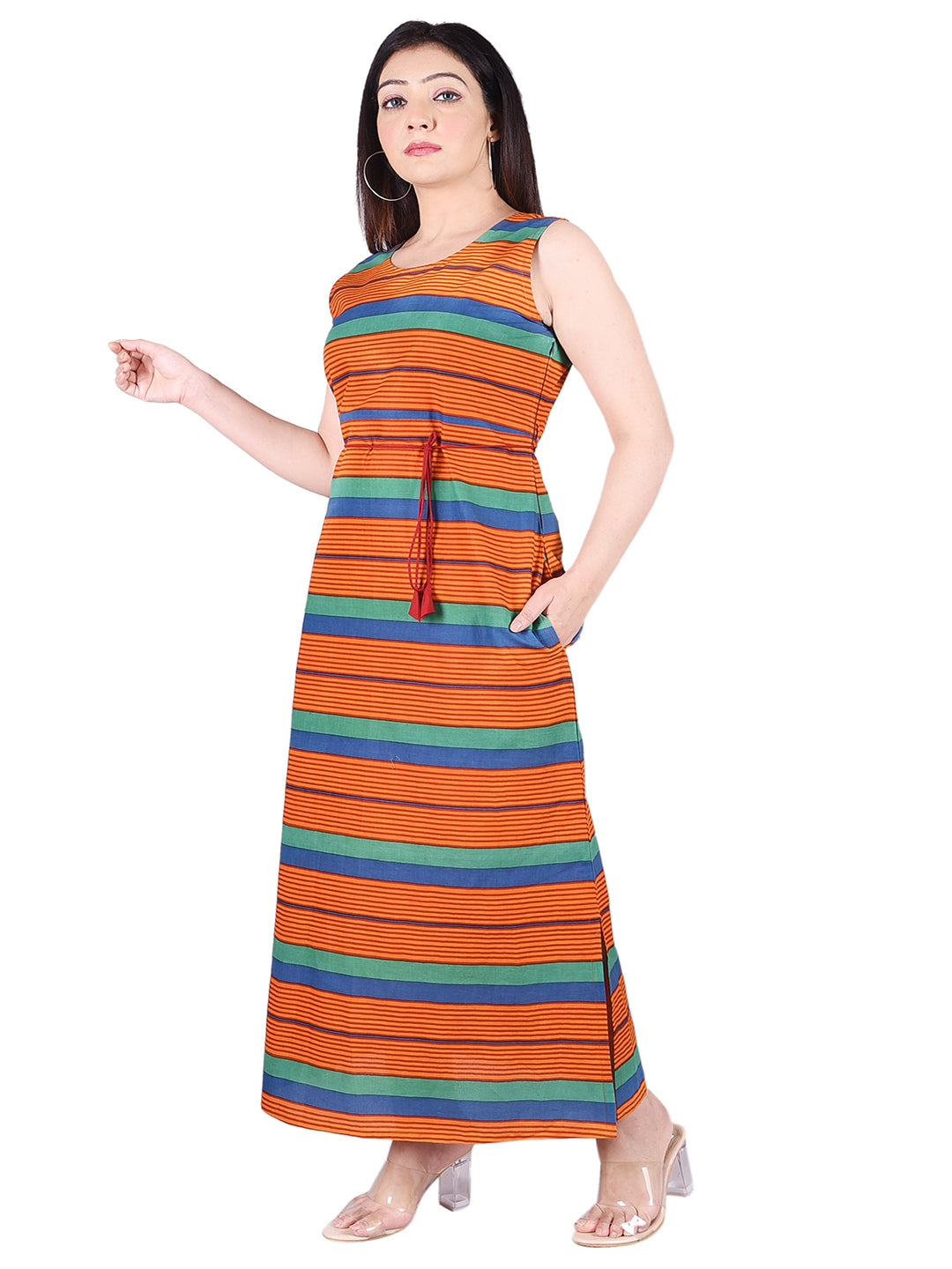 Cotton Block Printed Orange Round Neck Women'S Maxi Dress